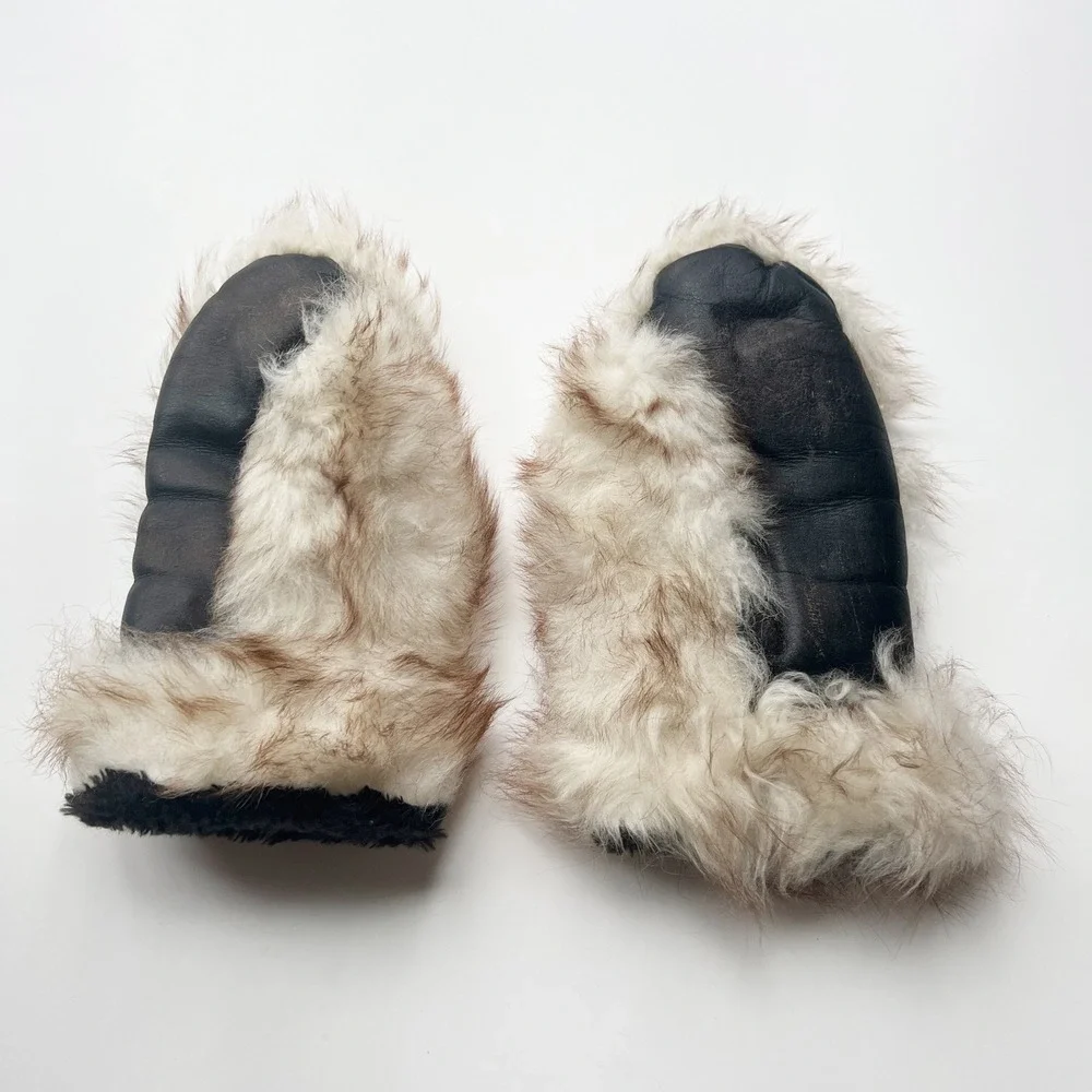 Vintage Genuine Fur Leather Mittens Shearling Sheepskin Cozy Winter Gloves
